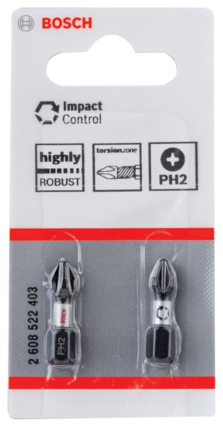 Embout PRO Phillips Impact, PH2, 25 mm, 2 pièces  Jusqu'à 50 fois plus robuste qu'un embout Extra Hard Bosch 2607001528