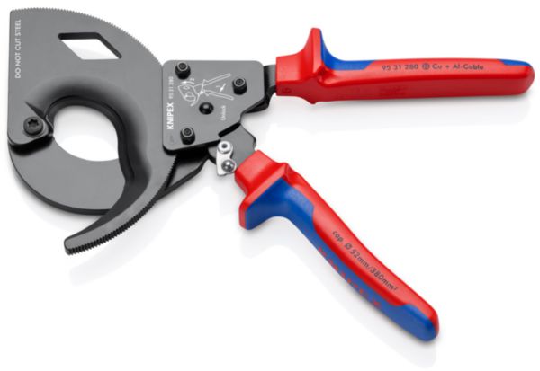 Image principale de Coupe-câbles à cliquet 280mm - Ø52mm/380mm² - Gainage bi-matière - Pour câbles en Cuivre/Aluminium, unifilaires/multifilaires - Tranchants trempés - Coupe nette du câble - Effort physique réduit : démultiplication très élevée