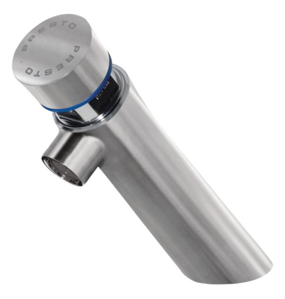 PRESTO NEO® INOX Robinet simple avec repère bleu sur plage. Temporisation de 7 secondes (+/-3 sec) PRESTOGREEN. Déclenchement mécanique par appui sur le bouton poussoir. Débit 3 l/min. Raccord M1/2".