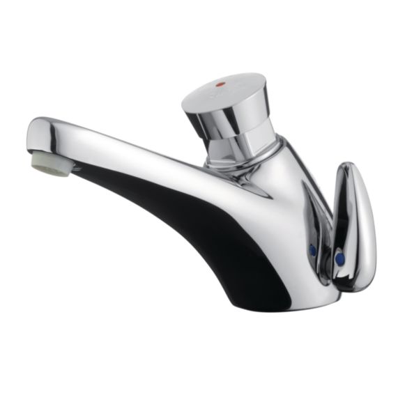 Mitigeur sur plage pour lavabo Presto 3000. Déclenchement mécanique et temporisé par bouton-poussoir. Temporisation 7sec. Débit 3l/min. Raccordement G3/8" avec robinets d'arrêt et flexibles pex. Finition chromée.