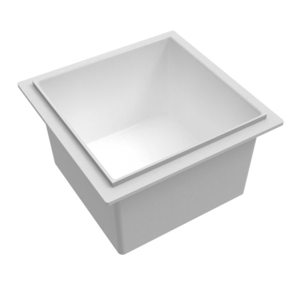 Bac d'évacuation simple blanc sans trop-plein 30x30 cm. Matière polypropylène. Livré sans bouchon, avec grille amovible.