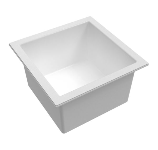 Bac d'évacuation simple blanc sans trop-plein 30x30 cm. Matière polypropylène. Livré sans bouchon, avec grille amovible.