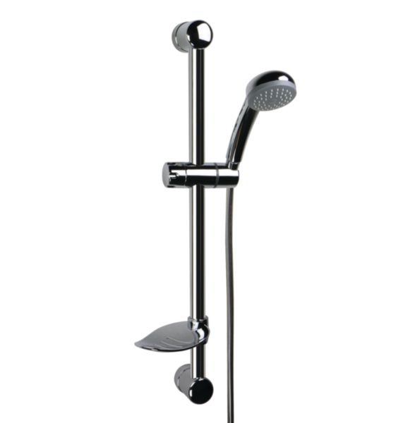 Image principale de Barre de douche 600 mm, Ø 25 mm avec 1 coulisseau chromé pour le support de la douchette chromée de 1 jet, 1 porte-savon chromée et 1 flexible gris de 1750mm.