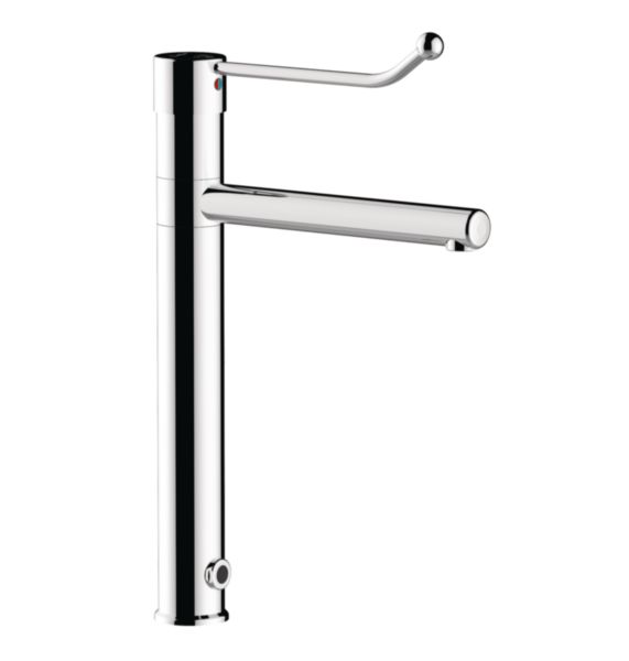 Mitigeur électronique Modul'mix à bec fixe ou orientable. Hauteur sous bec 300 mm. Saillie 250 mm. Commande au coude. Secteur. Flexibles SPEX, EP G3/8'', 650 mm. Brise-jet étoile. Gamme modulaire. Faible contenance en eau.