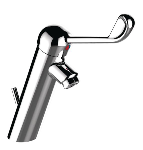 Mitigeur de lavabo hospitalier sur plage avec cartouche céramique Ø35mm - Hauteur sous bec 100 mm Saillie 106 mm - Actionnement par commande au coude - Avec vidage - Raccordement flexibles PEX G3/8" -  Brise-jet étoile
