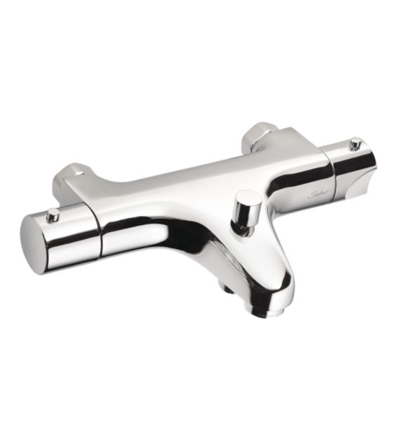 Image principale de Mitigeur thermostatique de bain-douche, entraxe 150 mm. Sortie M G1/2'', volants laiton. Raccordement EP G3/4''. Livré avec rosaces et raccords excentrés M G1/2''. Compatible choc thermique