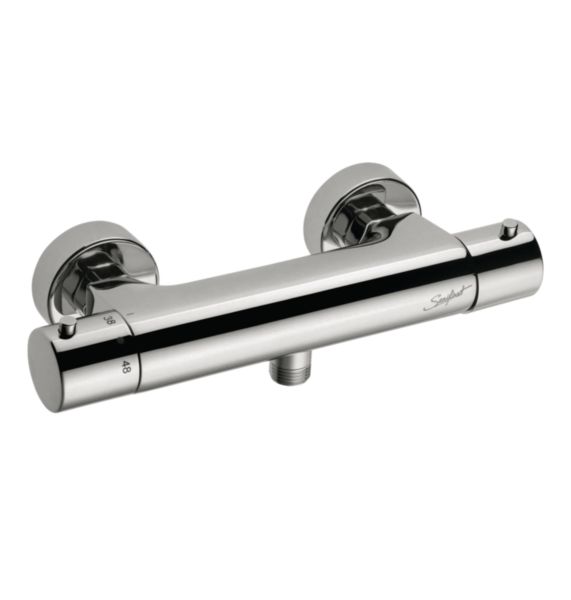 Mitigeur thermostatique de douche entraxe 150 mm. Certifié NF. Butée de température sécurisée à 38°C, possibilité d'aller jusqu'à 48°C par appui sur le bouton. Sortie M G 1/2''. Raccordement, EP G 3/4''. Raccords excentrés M G 1/2''