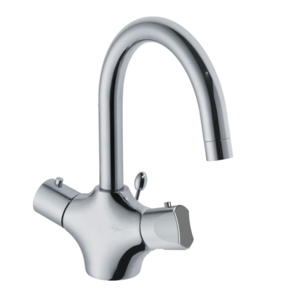 Mitigeur thermostatique de lavabo, avec vidage NF en laiton. Hauteur sous bec 164 mm, saillie 169 mm. Choc thermique possible. Double butée de température 38-41°C. Bec tournant. Flexibles G1/2'', lg 385 mm. Bec tournant