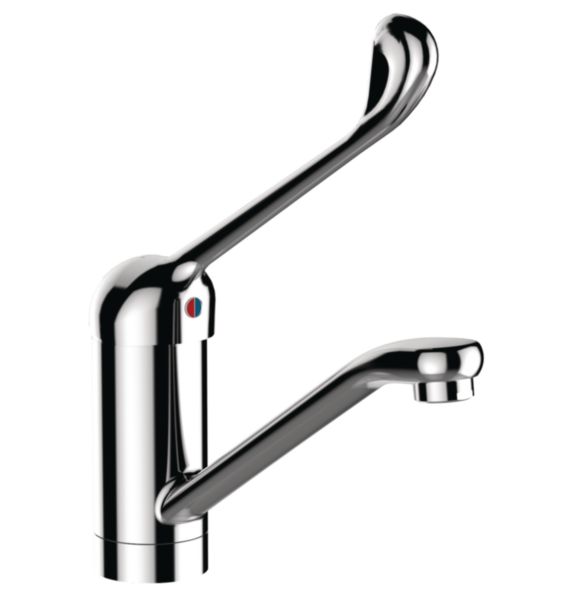 Mitigeur de lavabo Modul'Mix à bec fixe ou orientable. Cartouche céramique équilibrage de pression. Hauteur sous bec 100 mm. Saillie 170 mm. Commande au coude sans vidage. Flexibles SPEX G3/8'' 350 mm. Brise-jet étoile. Gamme modulaire.