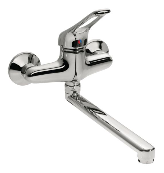 Mitigeur d'évier mural, entraxe 150 mm. Saillie 240 mm, manette ajourée. Bec orientable, cartouche céramique diamètre 40 mm. EP G 3/4''. Livrés avec rosaces et raccords excentrés. Brise-jet étoile M24X1.