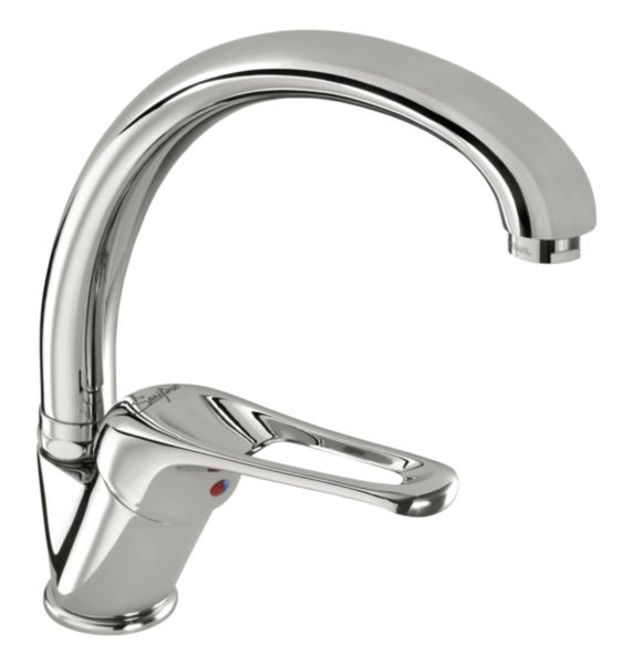 Mitigeur d'évier à bec orientable haut, hauteur sous bec 215 mm. Saillie 214 mm. Manette ajourée. Cartouche céramique diamètre 40 mm. Flexible SPEX M12X1, EP G3/8", longueur 350 mm. Brise-jet étoile M24X1