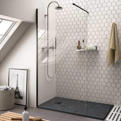 Paroi de douche Walk in Série: HEAVEN Couleur profil: Noir Mat paroi de douche fixe (F1) dimensions mm: L800 H1950 Épaisseur du verre: 8 Verre: Transparent Traitement antical Sur mesure Réf. 26346 SALGAR