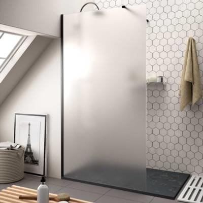 Paroi de douche Walk in Série: HEAVEN Couleur profil: Noir Mat paroi de douche fixe (F1) dimensions mm: L800 H1950 Épaisseur du verre: 8 Verre: Satiné Traitement antical Sur mesure Réf. 26352 SALGAR