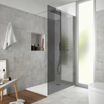 Paroi de douche Walk in Série: HEAVEN Couleur profil: Argent Brillant paroi de douche fixe (F1) dimensions mm: L1200 H1950 Épaisseur du verre: 8 Verre: Fumé Traitement antical Sur mesure Réf. 25693 SALGAR