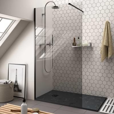 Paroi de douche Walk in Série: HEAVEN Couleur profil: Noir Mat paroi de douche fixe (F1) dimensions mm: L1200 H1950 Épaisseur du verre: 8 Verre: Fumé Traitement antical Sur mesure Réf. 26360 SALGAR