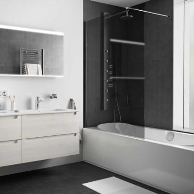 Pare-baignoire Walk in Série: HEAVEN Couleur profil: Argent Brillant paroi de douche fixe (F1) dimensions mm: L1000 H1500 Épaisseur du verre: 8 Verre: Fumé Traitement antical Sur mesure Réf. 26873 SALGAR