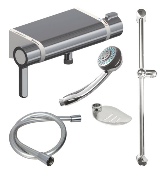 Kit mitigeur thermostatique douche Mastermix® (75948) avec douchette 2 jets, 1 barre de douche chromée de diamètre 25 mm en longueur 600 mm avec porte-savon et flexible lisse gris de longueur 850 mm