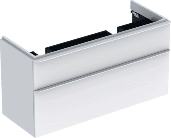 Image principale de Meuble bas Geberit Smyle Square pour lavabo double, avec deux tiroirs: Largeur 118.4cm, Hauteur 61.7cm, Profondeur 47cm, blanc / laqué très brillant, blanc alpin / thermopoudré mat