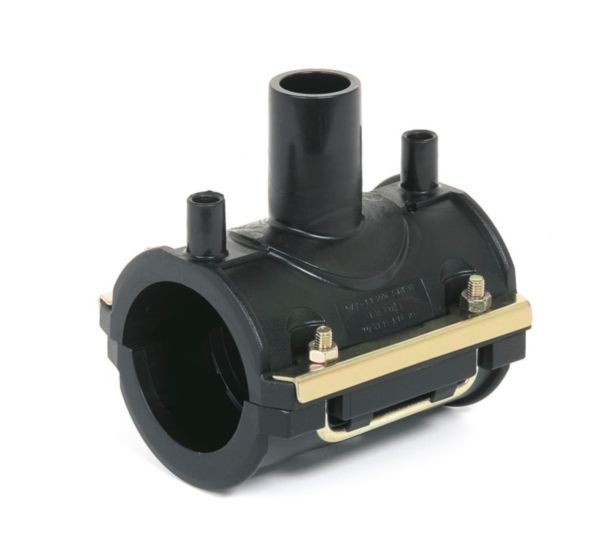 Selle de branchement électrosoudable en polyéthylène PE 100, stabilisé UV noire. Température limite d'utilisation: +50°C. Prévoir le manchon à la dimension de la sortie de la selle de branchement.