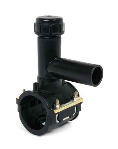 Selle de piquage électrosoudable en polyéthylène PE 100, stabilisé UV noire. Température limite d'utilisation: +50°C. Prévoir le manchon à la dimension de la sortie de la selle de piquage.