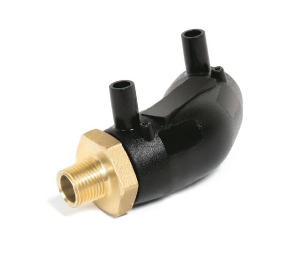 Coude 45° mâle électrosoudable noir, filetage laiton. Matière: polyéthylène PE 100, stabilisé UV. Température limite d'utilisation: +50°C.
