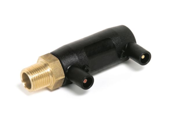 Raccord droit mâle électrosoudable noir, filetage laiton. Matière: polyéthylène PE 100, stabilisé UV. Température limite d'utilisation: +50°C.