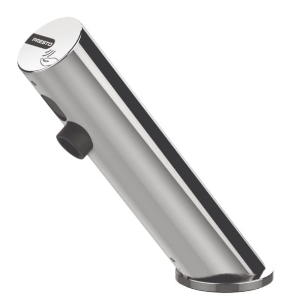 Robinet de lavabo simple sur plage PRESTO LINEA® . Déclenchement électronique sans contact. Débit 1,9l/min PRESTOGREEN. Alimentation Piles 6V. Raccordement F3/8" Finition