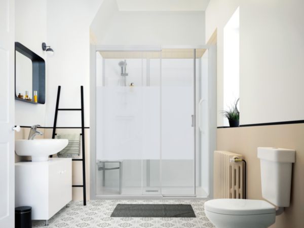 Kinemagic Sérénité 120x70 niche, version haute, porte coulissante, verre avec bande centrale dépolie, robinetterie thermostatique