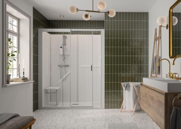 Kinemagic Sérénité+ 170x70 niche, version haute, porte coulissante, verre transparent, robinetterie thermostatique